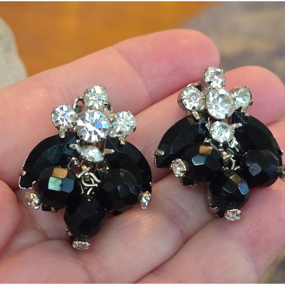 Verified Juliana Earrings Black Cha Cha Bobble Beaded Rhinestone Vintage